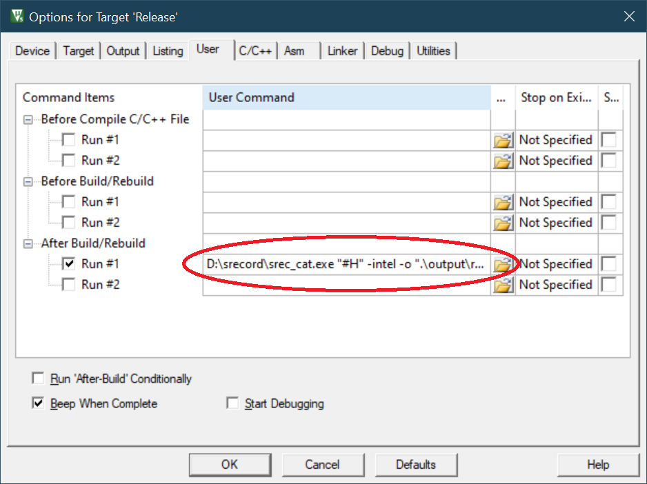 'Options for Target', 'User' tab An Inexpensive Digital Signal Processing Course with Practicals