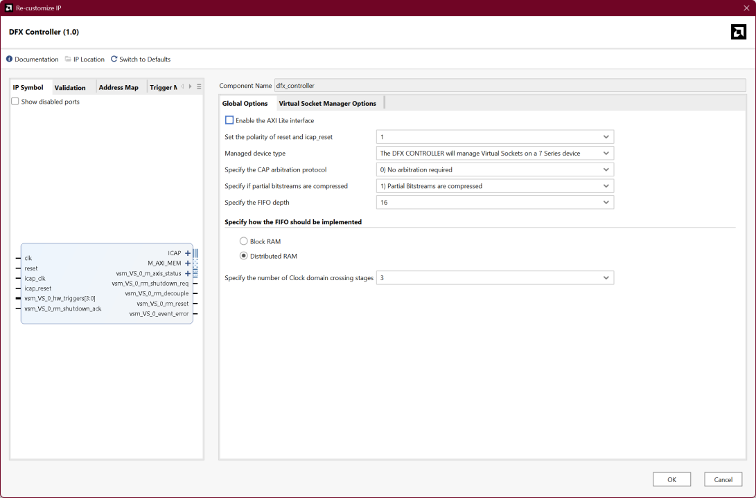 DFX IP core configuration Dynamic Function eXchange with ICAP