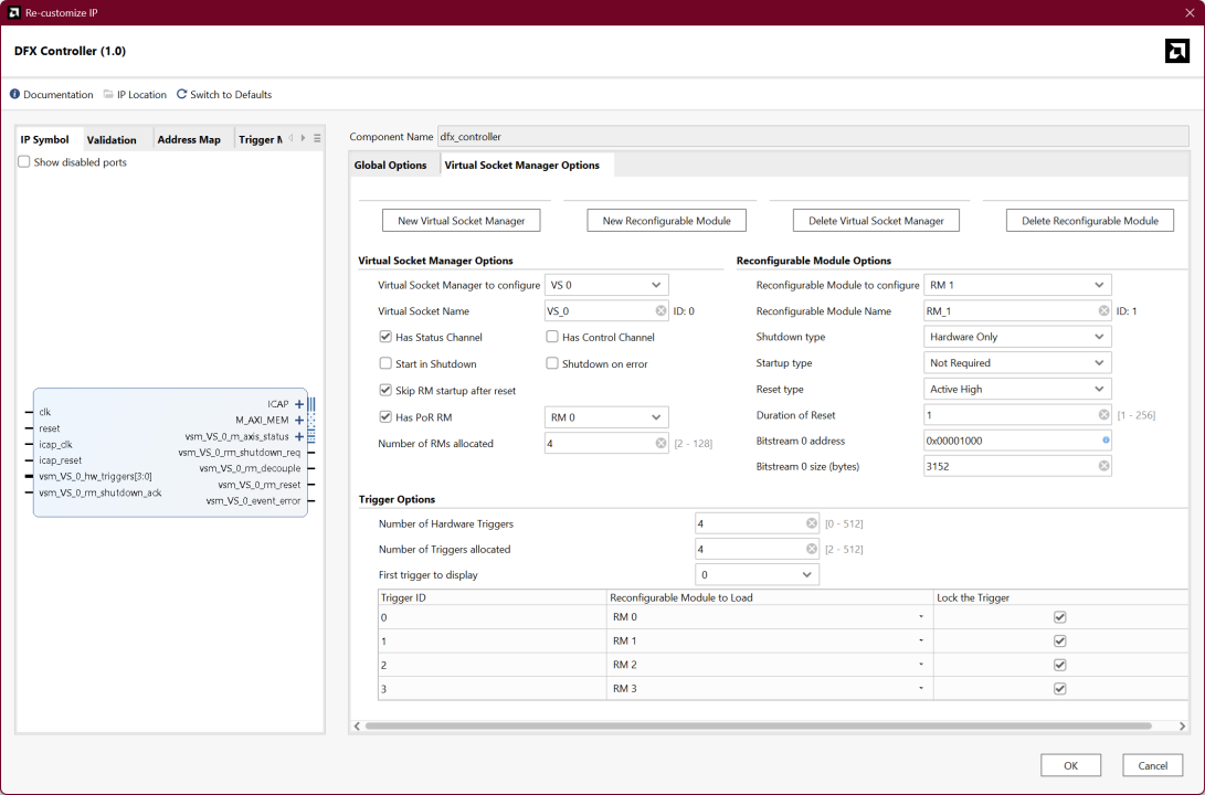 DFX IP core configuration Dynamic Function eXchange with ICAP